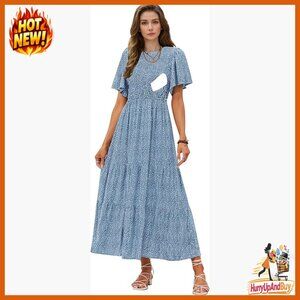 Floral Print Maxi Dress Nursing Maternity Flutter Sleeve Smocked Waist Pockets